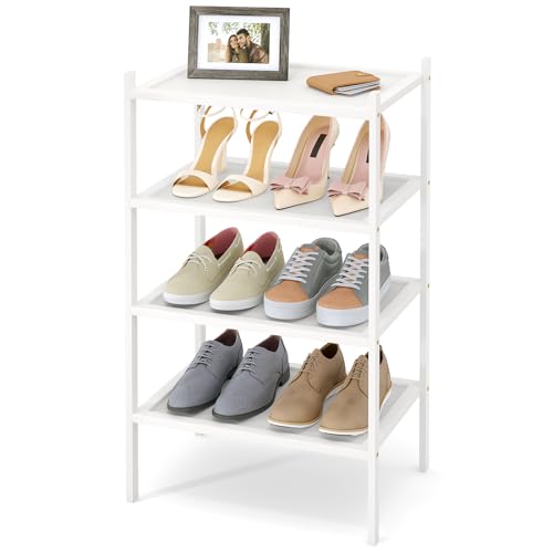 Smiry Bamboo Small Shoe Rack, 4 Tier Shoe Organizer for Closet, White | Stackable Shoe shelf for Entryway, Free Standing Storage for Shoes, Bags & Plants, with Solid Slab Shelves - color: White, size: 4 Tier-17.32" Wide