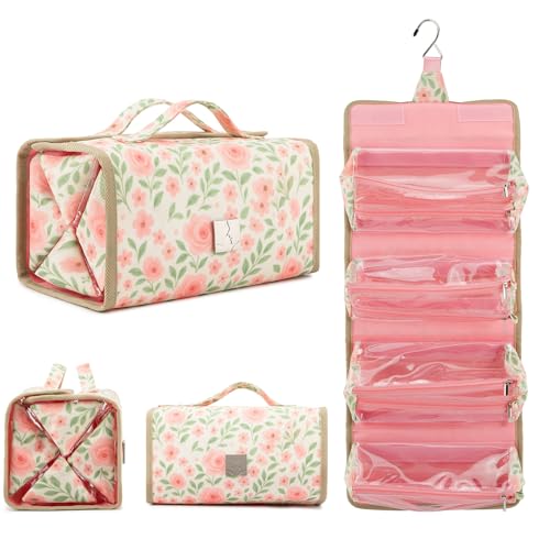 Roll Up Makeup Bag, Travel Toiletry Bag for Women with 4 Clear TSA Approved Pouches, Hanging Travel Organizer, Folding Cosmetic Bag for Men and Women - color: printing