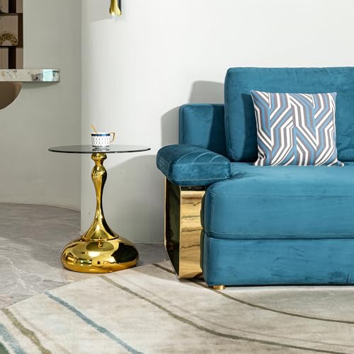Luxury Round End Table Gold Metal Base 17.7inch Black Tempered Glass Top Modern Small Side Table Living Room Table Sofa Small Coffee Tables Cute Shape (Glod+Glass) - color: Glod+glass