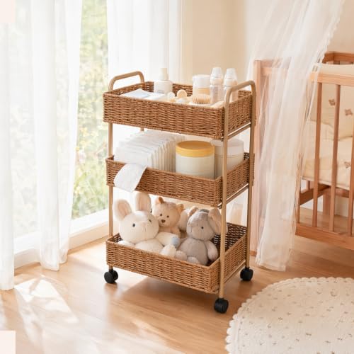 FOCHIER F Utility Storage Cart,3-Tier Rolling Kitchen Office Laundry Room Cart with Wheels,Mobile Shelving Unit Organizer for Living Room,Bathroom, Baby Diaper Cart,Art,Dining Room - color: Natural, size: 3 Tiers-11.5 inch (W)