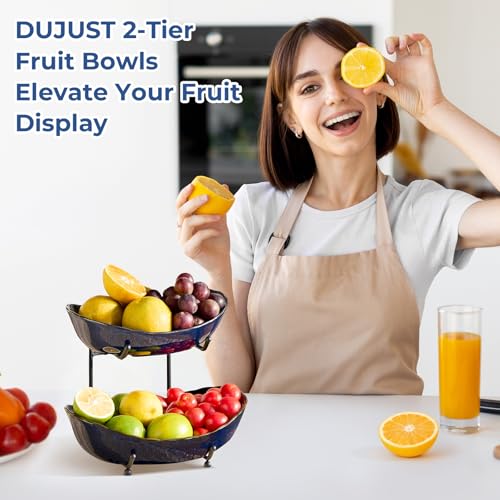 DUJUST 2 Tier Fruit Bowl, Kiln Altered Glaze Ceramic Fruit Stand, Stackable & Easy to Store, Multifunctional Serving Tray for Fruit/Vegetables/Snacks, Microwave & Dishwasher Safe - Dark Blue - color: 2-Tier Dark Blue