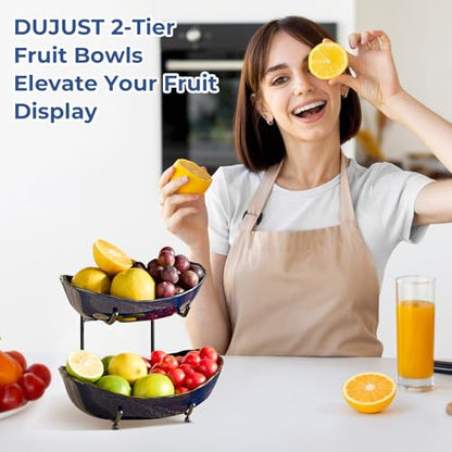DUJUST 2 Tier Fruit Bowl, Kiln Altered Glaze Ceramic Fruit Stand, Stackable & Easy to Store, Multifunctional Serving Tray for Fruit/Vegetables/Snacks, Microwave & Dishwasher Safe - Dark Blue - color: 2-Tier Dark Blue