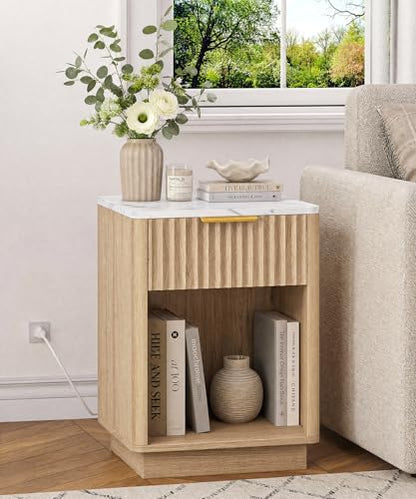 Akxomel Fluted Nightstand, Wooden Night Stand with Charging Station and LED Light, Modern Bedside Table with Drawer and Faux Marble Top, 15" D x 15.7" W x 22.6" H, for Bedroom, Natural Oak and White - color: Natural Oak and White