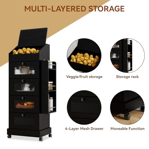 ARTETHYS Potato Storage Bin 5-Tier Rolling Black Bread Box with Side Rack | Onion Keeper with Spice Rack on Wheels, Movable Fruit & Vegetable Container with 4 Ventilated Drawers for Kitchen - color: Black