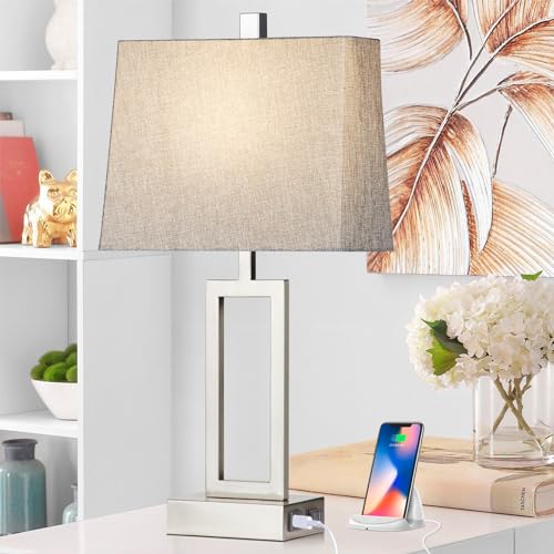 Rinweey 23.5" Touch Control Table Lamps Set of 2, Modern Silver Bedside Lamps with USB A+C Ports & AC Outlet, 3 Way Dimmable Contemporary Nightstand Lamps for Bedroom Living Room(2 LED Bulb Included) - color: Silver