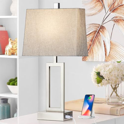 Rinweey 23.5" Touch Control Table Lamps Set of 2, Modern Silver Bedside Lamps with USB A+C Ports & AC Outlet, 3 Way Dimmable Contemporary Nightstand Lamps for Bedroom Living Room(2 LED Bulb Included) - color: Silver