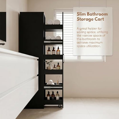 6-Tier Slim Mobile Shelving Cart with Wheels, Rolling Pantry Cabinet with 6 Baskets, Narrow Pull-Out Utility Cart, Space Saving Storage Organizer for Kitchen Living Room Bathroom Narrow Spaces, Black - size: Black & 11.81"D x 15.75"W x 70.47"H