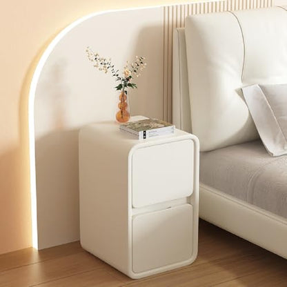 Modern Bedside Table, Minimalist Nightstand Small Narrow Side Table with 2 Drawers for Bedroom Living Room Small Space White