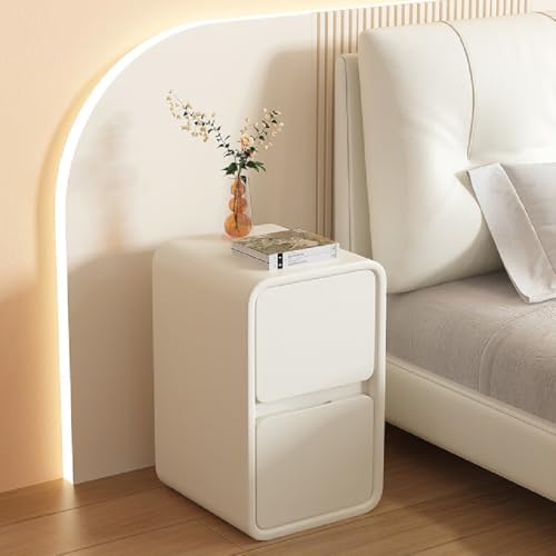 Modern Bedside Table, Minimalist Nightstand Small Narrow Side Table with 2 Drawers for Bedroom Living Room Small Space White