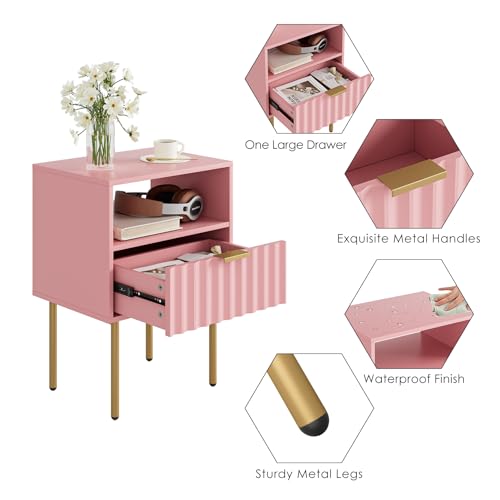 Night Stand,Modern Bedside Table with Drawer and Shelf,Pink Night Stand with Gold Frame,Small Side Table for Bedroom,Living Room - color: Pink