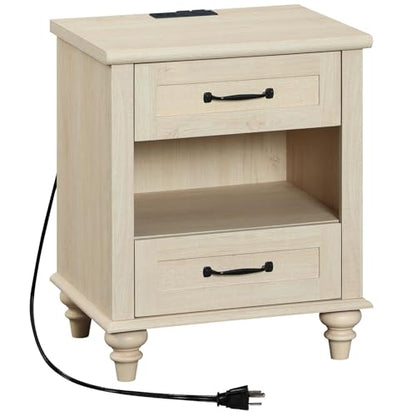 WAMPAT Beige Side Table with Charging Station, Elegant Nightstand for Bedroom with 2 Drawers & Open Shelf, Wooden End Table Bedside Table for Living Room, Kids Room - color: Beige