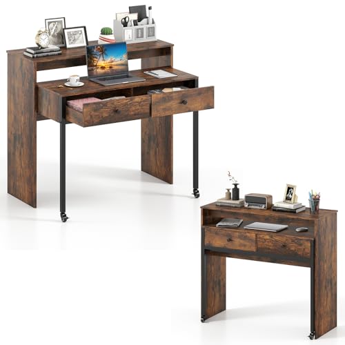 Giantex Small Computer Desk with Hutch & Drawers, Extendable Writing Desk w/Pull Out Secondary Table, Monitor Stand & Rolling Wheels, Console Table, Compact Desk for Small Spaces (Rustic Brown) - color: Rustic Brown