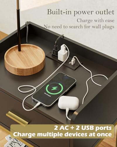 Nightstand with Charging Station,3-Tier Bedside Table for Small Space,Modern Night Stand with Storage Drawer and Shelf,Small Side Table for Bedroom,Living Room,Black - color: Black With Charging Station