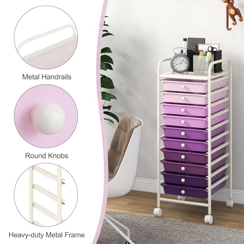 DREAMADE Rolling Cart with Storage Drawers, Utility Cart w/Removable Plastic Drawers, Lockable Wheels, Art Cart for Classroom Organization Art Supplies Office Scrapbook (10 Drawers, Gradient Purple) - color: Gradient Purple, style: 10 Drawers