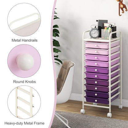 DREAMADE Rolling Cart with Storage Drawers, Utility Cart w/Removable Plastic Drawers, Lockable Wheels, Art Cart for Classroom Organization Art Supplies Office Scrapbook (10 Drawers, Gradient Purple) - color: Gradient Purple, style: 10 Drawers