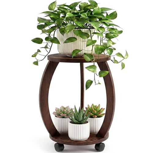2 Tier Wooden Plant Stand Indoor with Wheels – Tall Plant Stand for 6-12 Inch Pots, Mid-Century Modern Rustic Plant Table Indoor, Pedestal Stand for Corner, Living Room, Balcony, Dark Brown - color: Dark Brown