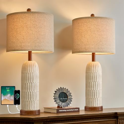 OYEARS 26.5" Bedside Table Lamps Set of 2, Farmhouse Table Lamp with USB A+C Charging Ports,Vintage Nightstand Lamp for Bedrooms and Living Rooms, Retro Resin End Table Lamp with Linen Shade, Brown - color: Yellowish and Brown