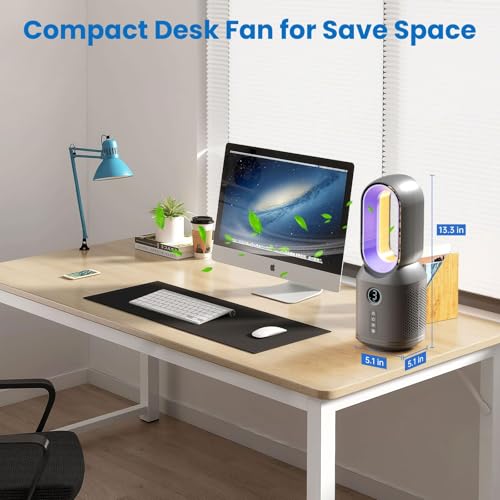 Desk Fan,13 Inch Portable Bladeless Fan, Small Quiet Office Fan with 106° Oscillating, 3 Speeds & Night light, LED Display, Button Control, Personal Table Fan for Bedroom, Office, Home, Study Room - color: Grey
