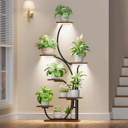 Plant Stand Indoor with Grow Lights, 7 Tier Lighted Corner Plant Shelf, 57" | Tall Plant Stands with Full Spectrum Light for Growing, Metal S-Shaped Flower Display Holder for Home, Office, Black