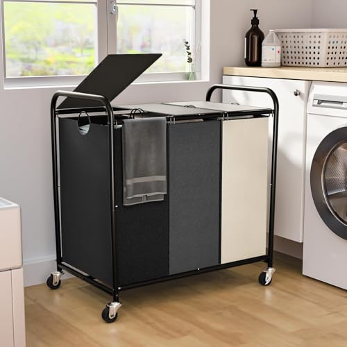 180L (47.55 Gal) Laundry Sorter 3 Section, Rolling Laundry Basket with Lockable Wheels and Lid, Laundry Hamper with 3 Separated Removable Bags Dirty Clothes Hamper for Laundry Room, Multicolored - color: Multicolored-3Sec, size: 47.55Gal