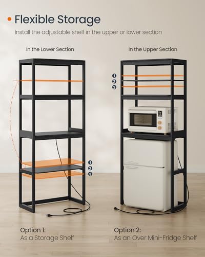SONGMICS HOME Kitchen Bakers Rack with Power Outlet, 4-Tier Coffee Bar Table with Adjustable Shelf, Mini Fridge Shelf, Microwave Stand, 15.7 x 23.6 x 66.9 Inches, Ink Black UKKS043B01