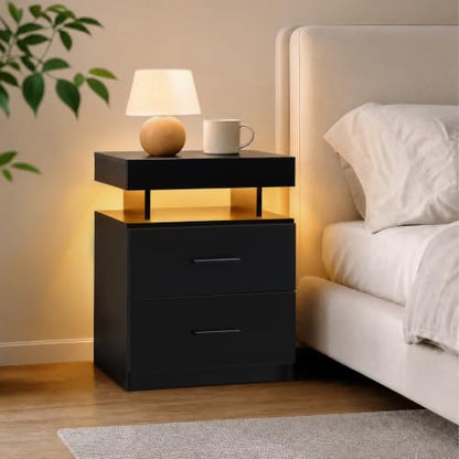 Black LED Nightstand Modern Night Stand with 2 Fabric Drawers for Bedroom | Nightstands with App-Controlled Adjustable LED Lights, Night Stand with Storage Shelf ,Modern Bedside Table for Bedroom - size: Individual