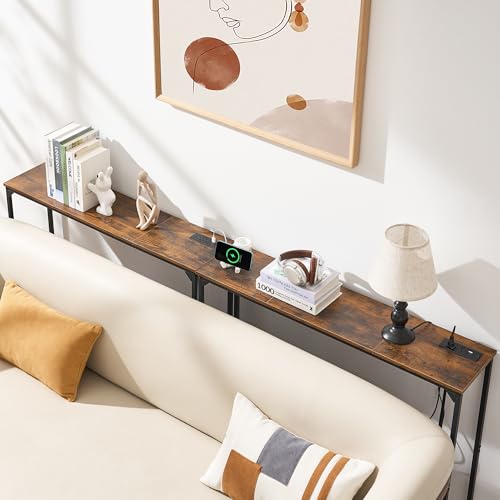 Console Table, Narrow Entryway Table, Thin Sofa Table, Behind Couch Table,for Hallway, Bedroom, Living Room, Foyer, 9.4 x 39.4 x 31.5 Inches, Rustic Brown - size: 9.4" W x 39.4" D, style: With Plug