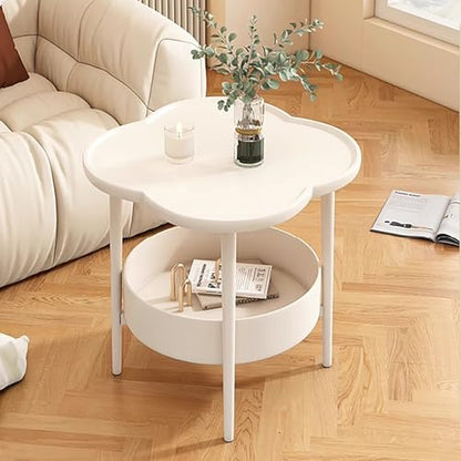 2-Tier Modern Sofa Side Table, Four-Leaf Clover Shape End Table Coffee Tea Snack Table Small Nightstand with Storage for Bedroom Living Room Creamy White - color: Creamy White