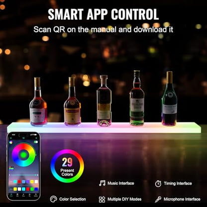 VEVOR LED Lighted Liquor Bottle Display, 1 Tier 40 Inch Wall Mounted Whiskey Rack Stand, 1 Step Commercial Illuminated Home Bar Shelf, Acrylic Drinks Light Shelves with RF Remote & App Control - size: 1 Step 40 Inches