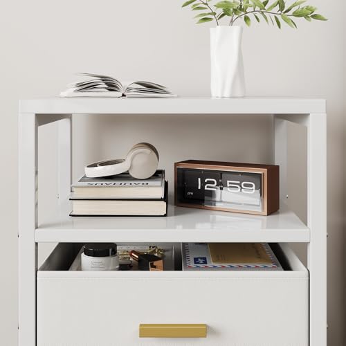 Nightstand 2 Drawers Side Table Modern Bedside End Table | White night stand with 2 fabric drawers, double layer shelf, metal frame, space saving end table for bedroom and living room - size: 2 Drawers, Single Piece