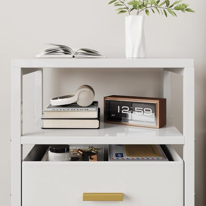 Nightstand 2 Drawers Side Table Modern Bedside End Table | White night stand with 2 fabric drawers, double layer shelf, metal frame, space saving end table for bedroom and living room - size: 2 Drawers, Single Piece