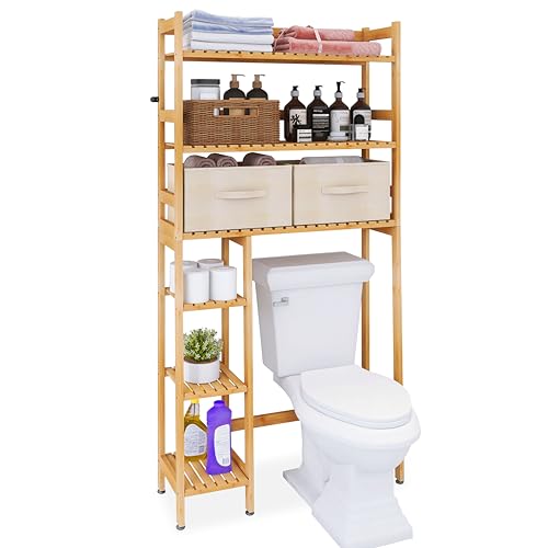 SMIBUY Over The Toilet Storage, Bamboo 6-Tier Bathroom Storage Shelf with Drawers, Freestanding Above Toilet Organizer Rack, Mass-Storage, Space Saver for Small Room (Natural) - color: Natural