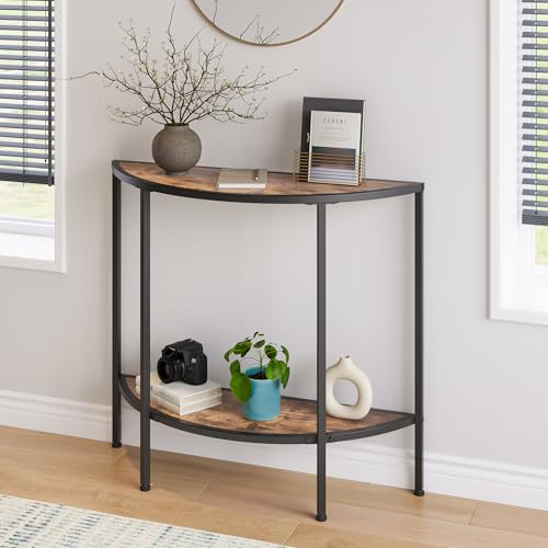 Entryway Table with Storage,Narrow Console Table for Living Room | Coffee Table 2-Tier Half Moon Sofa Table,Small Entry Table,Hallway Side Table with Metal Frame,Brown - color: Modern Style-brown