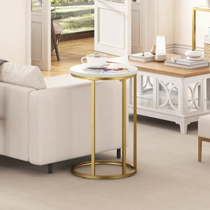 Function Home C Table End Table, Marble C Shaped Sofa Side Table, Couch Tables that Slide Under, Snack Accent Table for Living Room Bedroom Small Space, Marble Top and Gold Metal Frame - color: Round Gold