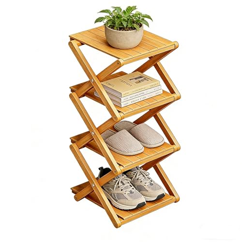 Bamboo Shoe Rack - No Assembly Required, Tall Narrow Foldable Shoe Organizer, Space-Saving Multifunctional Shelf for Entryways, Corners, Bedrooms, Balconies, 4 Layer(Reinforced and Thickened) - color: Wood Color, size: 4 Layers