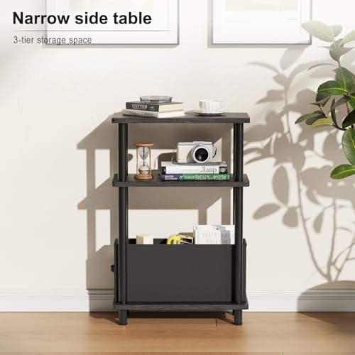 Apicizon Small Narrow Side Table, 3-Tier Skinny End Table withFabric Basket, Slim Nightstand Bedside Table for Small Spaces, Living Room, Bderoom, Black - color: Black, style: Narrow Side Table with Basket