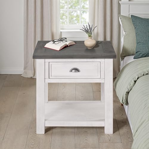 Martin Svensson Home Monterey Solid Wood End Table White with Grey Top | Farmhouse Rustic, Coastal Side Table, Drawer and Storage Shelf - color: White and Grey