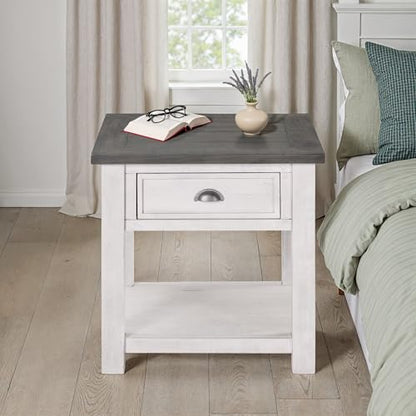 Martin Svensson Home Monterey Solid Wood End Table White with Grey Top | Farmhouse Rustic, Coastal Side Table, Drawer and Storage Shelf - color: White and Grey