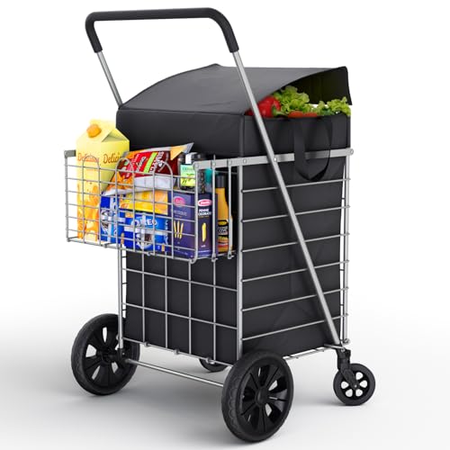 Our Modern Space Shopping Cart w/Waterproof Basket Liner & 360° Swivel Wheels | Foldable Collapsible & Lightweight | Perfect for Groceries Laundry Utility Cart - Silver - color: Silver, size: Extra Large Wheels
