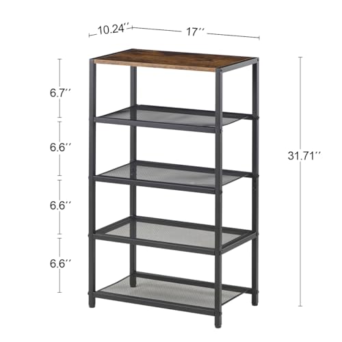 5 Tier Narrow Shoe Rack Shelf for Front Door Entrance, Entryway, and Closet Shoe Organizer with 4 Sturdy Metal Mesh Shelves and Wooden Top, Holds 10 Pairs, Ideal for Shoe Storage or Display - size: 17"D x 10.24"W x 30.7"H