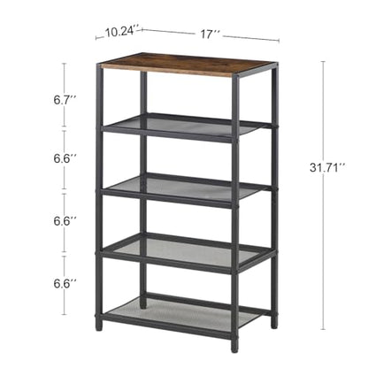 5 Tier Narrow Shoe Rack Shelf for Front Door Entrance, Entryway, and Closet Shoe Organizer with 4 Sturdy Metal Mesh Shelves and Wooden Top, Holds 10 Pairs, Ideal for Shoe Storage or Display - size: 17"D x 10.24"W x 30.7"H
