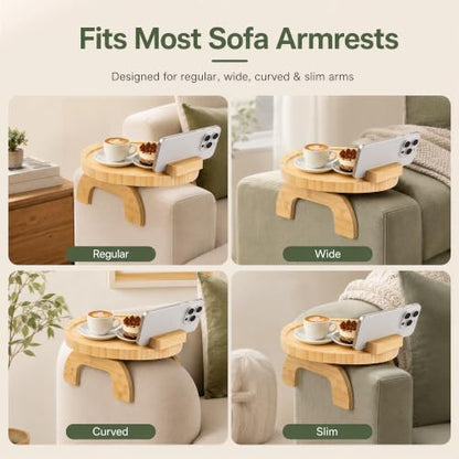 Couch Arm Tray Table Oval, Bamboo Clip-On Sofa Armrest Snack Tray with 360° Phone Holder, Collapsible Cozy Sofa Armrest Tray Bamboo Side Table for Drinks, Food or Something Else (1-Pack) - color: Round Natutal