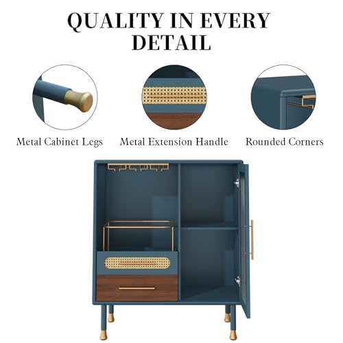 ARTPOWER Modern Coffee Bar Cabinet with Pull-Out Wine Storage, Blue | Bar Cart with Wine Glass Rack and Drawers, Liquor Cabinet for Kitchen, Dining Room, Living Room - color: Blue