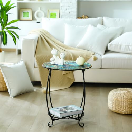 Cinnvoice Outdoor Side Table Round Small Mosaic Patio Accent Indoor End Plant Coffee Tea Table for Yard Patio Porch Garden Living Room, Bedroom(Butterfly Style,16 Inch) - size: 16 Inch, style: Butterfly Style