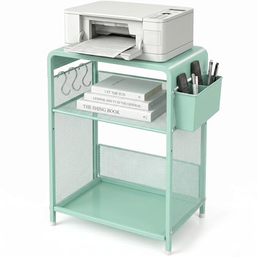 ECOLOVI 3 Tier Printer Stand for Under Desk, Height Adjustable Shelf Small Printer Table with 3 S-Hooks & Basket, Heavy Duty Industrial Storage Shelf for Home Office (Green) - color: Green