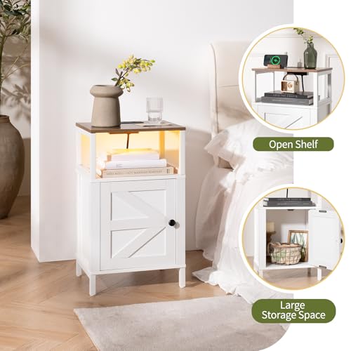 Yoobure Farmhouse NightStand with Charging Station，Wood Night Stand End Table with USB Ports, LED Bed Side Table with Storage Cabinet，Bedside Table for Bedroom, Living Room White - color: White