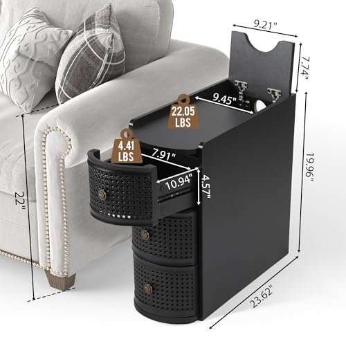 Narrow End Table Set of 2, Metal Rattan Side Table with Storage, Narrow Charging Nightstand with 3 Drawer for Bedroom Bedside, Living Room Couch Sofa, Desk Side Table for Small Spaces - Black - size: Drawer Black-set