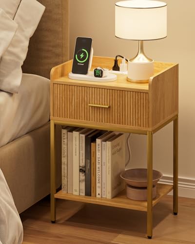 Nightstand with Charging Station, 3-Tier Bed Side Table, Small End Table, Night Standwith Open Shelf and Drawer, Bedside Table for Bedroom, Living Room, Oak - color: Oak, style: With Charging Station