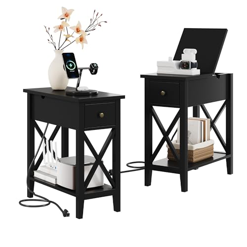 ChooChoo End Table Set of 2 with Charging Station, Narrow End Table with USB Ports and Outlets, Small Side Table Nightstand with Drawer for Living Room, Bedroom, Black - color: Black, size: 2 Pack, style: With Power