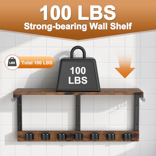 Housolution Wall Mount Broom Holder Laundry Room Storage Organizer Shelves | Thickened Metal Frame, 100 LBS High Load-Bearing, Large Capacity, Multifunctional with 7 Grippers & 8 Hooks - size: 7 Grippers with 1 Tier Shelf